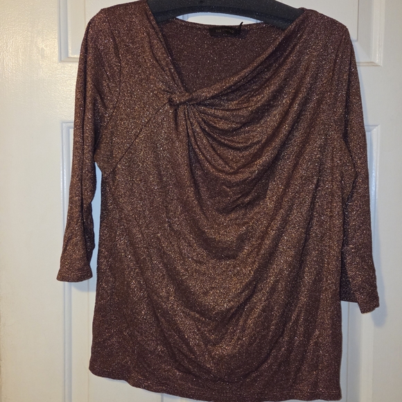 The Limited: Rusty Copper Metallic 3/4 Sleeve Knotted Neck Top/Blouse.  Size XL. - Picture 2 of 16